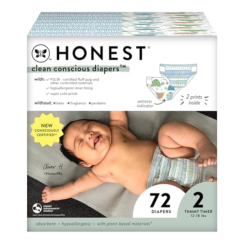 0810094552787 - THE HONEST COMPANY CLEAN CONSCIOUS DIAPERS | PLANT-BASED, SUSTAINABLE | TURTLE TIME + DOTS & DASHES | CLUB BOX, SIZE 2 (12-18 LBS), 72 COUNT