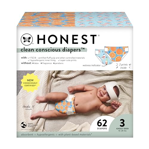 0810094552817 - THE HONEST COMPANY CLEAN CONSCIOUS DIAPERS | PLANT-BASED, SUSTAINABLE | ORANGE YOU CUTE + FEELING NAUTI | CLUB BOX, SIZE 3 (16-28 LBS), 62 COUNT