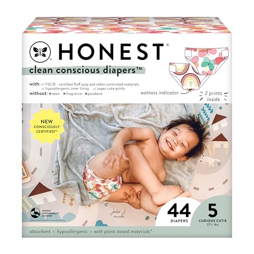 0810094552879 - THE HONEST COMPANY CLEAN CONSCIOUS DIAPERS | PLANT-BASED, SUSTAINABLE | WINGIN IT + CATCHING RAINBOWS | CLUB BOX, SIZE 5 (27+ LBS), 44 COUNT