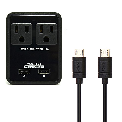 0810099025965 - RND COMPACT POWER STATION 2.4 AMP DUAL USB PORTS 2 AC OUTLET WALL CHARGER WITH AN ATTACHED 7 INCH MICRO USB CABLE AND TWO 6FT MICRO CABLES (BLACK)