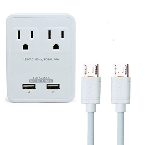 0810099025972 - RND COMPACT POWER STATION 2.4 AMP DUAL USB PORTS 2 AC OUTLET WALL CHARGER WITH AN ATTACHED 7 INCH MICRO USB CABLE AND TWO 6FT MICRO CABLES (WHITE)