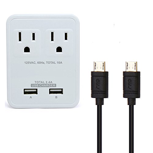 0810099025996 - RND COMPACT POWER STATION 2.4 AMP DUAL USB PORTS 2 AC OUTLET WALL CHARGER WITH AN ATTACHED 7 INCH MICRO USB CABLE AND TWO 2FT MICRO CABLES (WHITE)