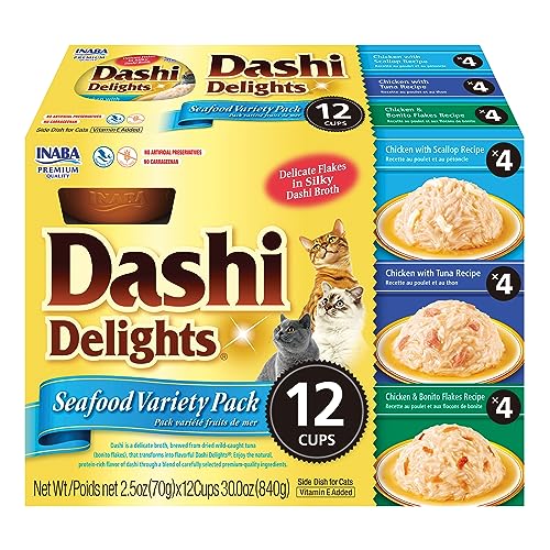 0810100850982 - INABA DASHI DELIGHTS FOR CATS, SHREDDED CHICKEN WITH BONITO FLAKE BROTH, 2.5 OUNCE CUP, 12 CUPS TOTAL, SEAFOOD VARIETY
