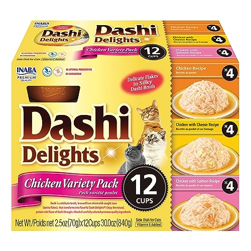 0810100850999 - INABA DASHI DELIGHTS FOR CATS, SHREDDED CHICKEN WITH BONITO FLAKE BROTH, 2.5 OUNCE CUP, 12 CUPS TOTAL, CHICKEN VARIETY