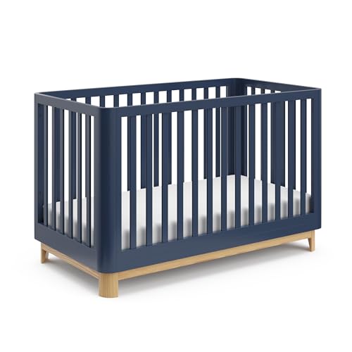 0810105293562 - STORKCRAFT SANTOS 3-IN-1 CONVERTIBLE CRIB (MIDNIGHT BLUE WITH NATURAL) – CONVERTS TO TODDLER BED, FITS STANDARD FULL-SIZE CRIB MATTRESS, MODERN BABY CRIB WITH ROUNDED POSTS