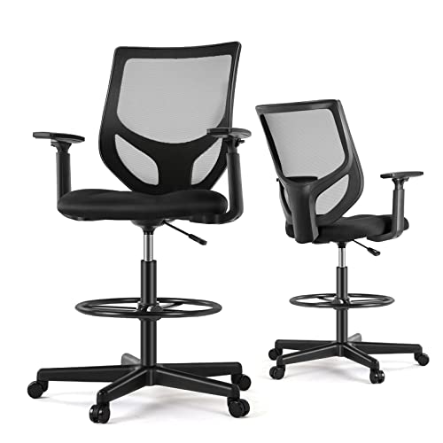 0810108650379 - DRAFTING CHAIR, STANDING DESK CHAIR WITH ADJUSTABLE ARMRESTS AND FOOT RING, HEIGHT ADJUSTABLE TALL OFFICE CHAIR WITH ERGONOMIC LUMBAR SUPPORT, 360 DEGREE SWIVEL ROLLING CHAIR, BREATHABLE MESH