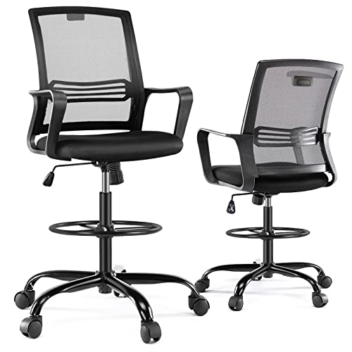 0810108650386 - DRAFTING CHAIR, TALL OFFICE CHAIR WITH ADJUSTABLE FOOT RING, STANDING DESK CHAIR WITH ERGONOMIC LUMBAR SUPPORT AND ADJUSTABLE ARMRESTS, SWIVEL ROLLING TALL CHAIR, BREATHABLE MESH, HEIGHT ADJUSTABLE