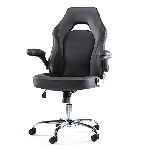 0810108650645 - ERGONOMIC COMPUTER GAMING CHAIR – PU LEATHER OFFICE CHAIR WITH PADDED FLIP-UP ARMRESTS AND LUMBAR SUPPORT, HEIGHT ADJUSTABLE COMPUTER CHAIR SWIVEL ROLLING DESK CHAIR WITH ROCKING FUNCTION
