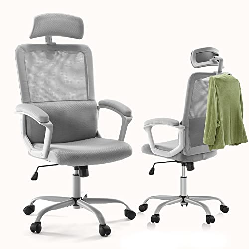0810108650799 - ERGONOMIC HOME OFFICE CHAIR, HIGH BACK COMPUTER DESK CHAIR WITH LUMBAR SUPPORT AND PADDED ARMREST, MESH EXECUTIVE CHAIR SWIVEL CHAIR WITH ADJUSTABLE HEADREST AND CLOTHES HANGER, TILTING FUNCTION