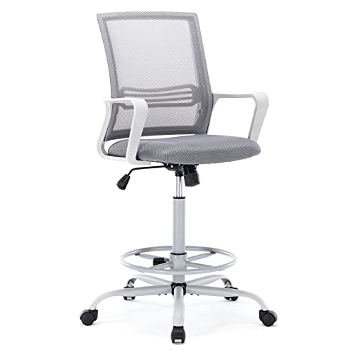 0810108650904 - AFO TALL OFFICE DRAFTING CHAIR WITH ERGONOMIC LUMBAR SUPPORT, ARMRESTS AND ADJUSTABLE FOOT RING BREATHABLE MESH, COMFORTABLE PADDED SEAT CUSHION, FOR STANDING DESK, GREY