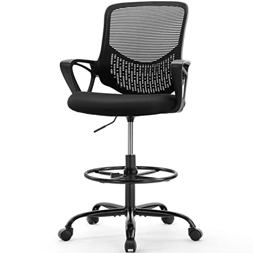 0810108651062 - AFO MID-BACK MESH TALL DRAFTING STOOL OFFICE CHAIRS WITH ARMREST FOR STANDING DESK ADJUSTABLE FOOT RING, BLACK