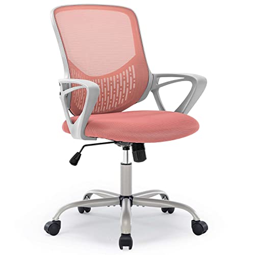 0810108651635 - HOME OFFICE CHAIR - ERGONOMIC COMPUTER CHAIR WITH HEIGHT ADJUSTABLE SWIVEL CHAIR MESH CHAIR WITH FIXED ARMRESTS AND SOFT LUMBAR SUPPORT, PINK