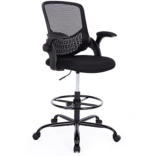 0810108653431 - DRAFTING CHAIR TALL OFFICE CHAIR WITH FLIP-UP ARMREST, TALL DESK CHAIR ADJUSTABLE STANDING DESK CHAIR MESH COUNTER HEIGHT OFFICE CHAIRS WITH WHEELS ADJUSTABLE FOOT RING