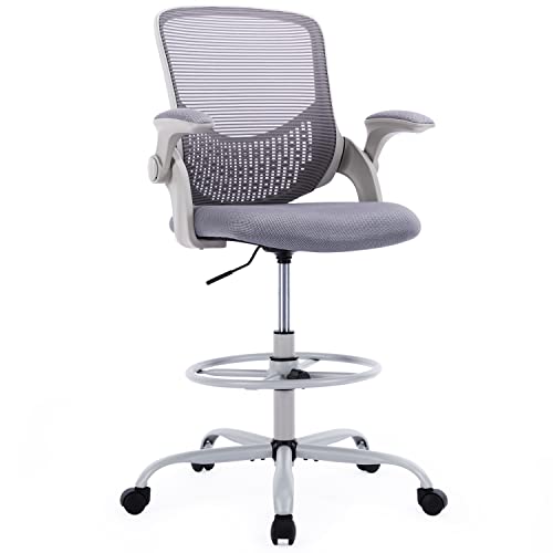 0810108653516 - DRAFTING CHAIR TALL OFFICE CHAIR WITH FLIP-UP ARMREST, TALL DESK CHAIR ADJUSTABLE STANDING DESK CHAIR MESH COUNTER HEIGHT OFFICE CHAIRS WITH WHEELS ADJUSTABLE FOOT RING