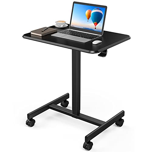 0810108654445 - MOBILE STANDING DESK, ROLLING DESK LAPTOP STAND CART PNEUMATIC ADJUSTABLE HEIGHT FROM 28 TO 33 SIT STAND COMPUTER DESK WITH LOCKABLE WHEELS FOR HOME OFFICE, BLACK