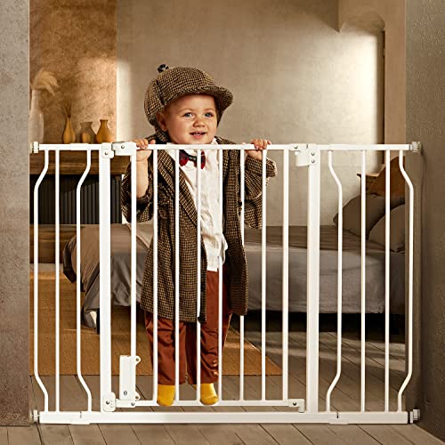 0810110430266 - CIAYS BABY GATE 29.5” TO 45.3”, 30-IN HEIGHT EXTRA WIDE DOG GATE FOR STAIRS, DOORWAYS AND HOUSE, AUTO-CLOSE SAFETY METAL PET GATE FOR DOGS WITH ALARM, PRESSURE MOUNTED, WHITE