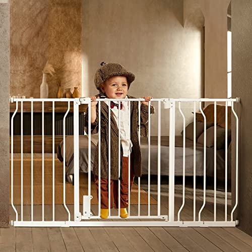 0810110430280 - CIAYS BABY GATE 29.5” TO 57.1”, 30-IN HEIGHT EXTRA WIDE DOG GATE FOR STAIRS, DOORWAYS AND HOUSE, AUTO-CLOSE SAFETY METAL PET GATE FOR DOGS WITH ALARM, PRESSURE MOUNTED, WHITE