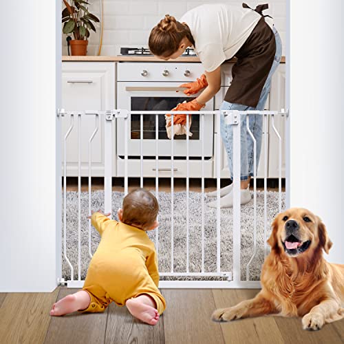 0810110430525 - CIAYS BABY GATE 29.5” TO 41.3”, 30-IN HEIGHT EXTRA WIDE DOG GATE FOR STAIRS, DOORWAYS AND HOUSE, AUTO-CLOSE SAFETY METAL PET GATE FOR DOGS WITH ALARM, PRESSURE MOUNTED, WHITE