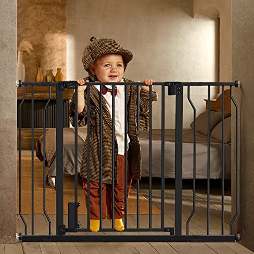 0810110430655 - CIAYS 29.5” TO 45.3” BABY GATE FOR STAIRS DOORWAYS AND HOUSE, 30” HEIGHT EXTRA WIDE AUTO-CLOSE SAFETY DOG GATE FOR PETS WITH SECURE ALARM, PRESSURE MOUNTED, BLACK
