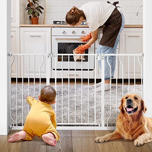 0810110430952 - CIAYS BABY GATE 29.5” TO 57.1”, 30-IN HEIGHT EXTRA WIDE DOG GATE FOR STAIRS, DOORWAYS AND HOUSE, AUTO-CLOSE SAFETY METAL PET GATE FOR DOGS WITH ALARM, PRESSURE MOUNTED, WHITE