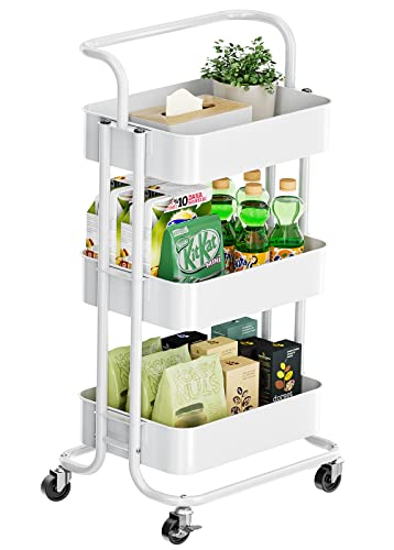 0810110438675 - TOTNZ 3-TIER MESH ORGANIZATION CART WITH LOCKABLE WHEELS, ROLLING UTILITY CART, MULTI-FUNCTIONAL STORAGE TROLLEY FOR OFFICE, LIVING ROOM, KITCHEN, BATHROOM STORAGE, LAUNDRY, WHITE (TZUC01W)