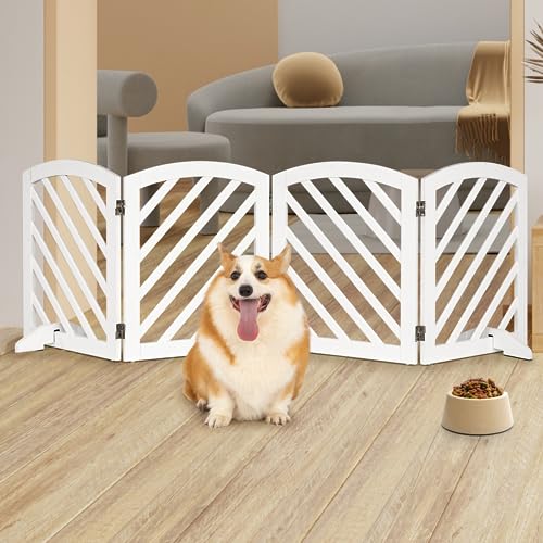 0810127111844 - DCEE FREESTANDING WOODEN PET GATE EXTRA WIDE 81 IN, SOLID ACACIA WOOD FOLDABLE DOG GATE WITH 4 PANELS & 2 SUPPORT LEGS FOR DOORWAY, KITCHEN, LIVING ROOM, WHITE, ARCHED TOP DESIGN