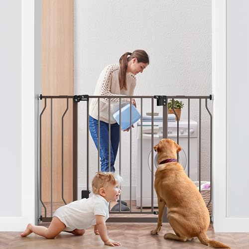 0810145635865 - CIAYS BABY GATE, 29.5” TO 45.3” DOG GATE FOR STAIRS DOORWAYS AND HOUSE, AUTO-CLOSE SAFETY METAL CHILD GATE FOR BABYS DOGS WITH ALARM, PRESSURE MOUNTED, BROWN