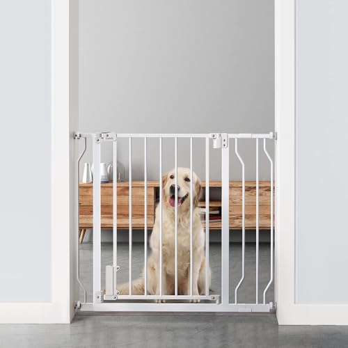 0810145635896 - CIAYS BABY GATE 29.5” TO 37.4”, 30-IN HEIGHT EXTRA WIDE DOG GATE FOR STAIRS, DOORWAYS AND HOUSE, AUTO-CLOSE SAFETY METAL PET GATE FOR DOGS WITH ALARM, PRESSURE MOUNTED,WHITE WHITE