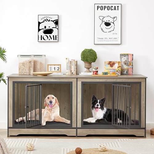 0810148360221 - ROVIBEK 75 DOUBLE DOG CRATE FURNITURE FOR 2 LARGE DOGS, HEAVY DUTY DOG CRATE, FURNITURE STYLE DOG CRATE END TABLE, WOOD CRATES FOR DOGS KENNEL INDOOR, DECORATIVE DOG CRATE WITH DOUBLE DOOR, GRAY