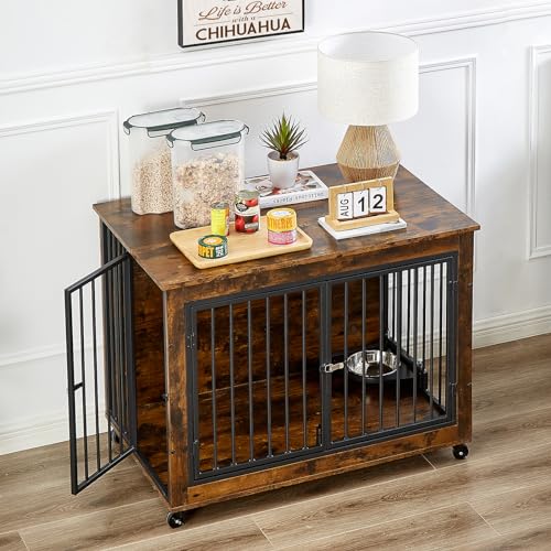 0810148360306 - ROVIBEK 38 LARGE DOG CRATE FURNITURE WITH ROTATABLE BOWLS, WOODEN DOG CRATE END TABLE, DECORATIVE HEAVY DUTY DOG KENNEL FURNITURE INDOOR WITH DOUBLE DOORS 4 WHEELS