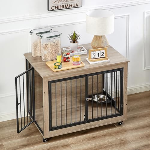 0810148360313 - ROVIBEK 44 LARGE DOG CRATE FURNITURE WITH ROTATABLE BOWLS, WOODEN DOG CRATE END TABLE, DECORATIVE HEAVY DUTY DOG KENNEL FURNITURE INDOOR WITH DOUBLE DOORS 4 WHEELS
