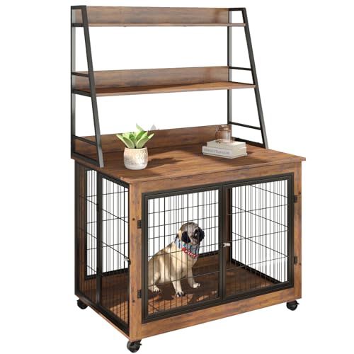 0810148360504 - ROVIBEK 39 DOG CRATE WITH SHELVES, DECORATIVE DOG CRATE FURNITURE WITH STORAGE, WOOD DOG CRATE END TABLE, FURNITURE STYLE DOG CRATE WITH WHEELS, DOG KENNEL FURNITURE INDOOR