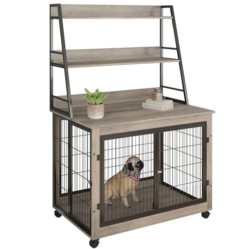 0810148360511 - ROVIBEK 39 DOG CRATE WITH SHELVES, DECORATIVE DOG CRATE FURNITURE WITH STORAGE, WOOD DOG CRATE END TABLE, FURNITURE STYLE DOG CRATE WITH WHEELS, DOG KENNEL FURNITURE INDOOR