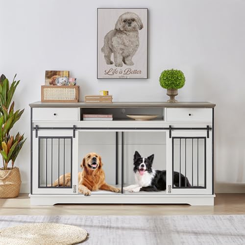 0810148360566 - ROVIBEK 66 DOUBLE DOG CRATE FURNITURE FOR 2 LARGE DOGS, DOUBLE DOG KENNEL FURNITURE, HEAVY DUTY DOG CRATE, FURNITURE STYLE DOG CRATE END TABLE, WOOD CRATES FOR DOGS KENNEL INDOOR