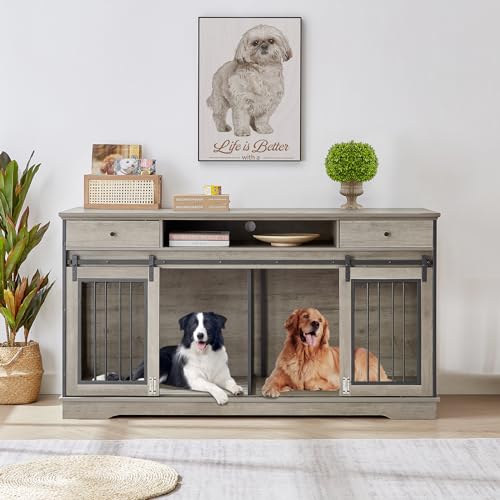 0810148360573 - ROVIBEK 66 DOUBLE DOG CRATE FURNITURE FOR 2 LARGE DOGS, DOUBLE DOG KENNEL FURNITURE, HEAVY DUTY DOG CRATE, FURNITURE STYLE DOG CRATE END TABLE, WOOD CRATES FOR DOGS KENNEL INDOOR