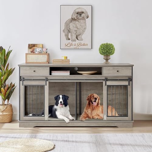 0810148360702 - ROVIBEK 66 DOUBLE DOG CRATE FURNITURE FOR 2 LARGE DOGS, DOUBLE DOG KENNEL FURNITURE, FURNITURE STYLE DOG CRATE END TABLE, HEAVY DUTY DOG CRATE, WOOD CRATES FOR DOGS KENNEL INDOOR
