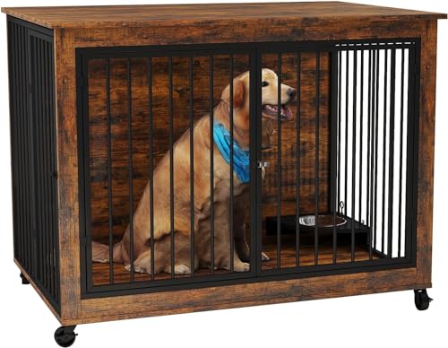 0810148361297 - ROVIBEK 39 MEDIUM DOG CRATE FURNITURE WITH ROTATABLE BOWLS, WOODEN DOG CRATE END TABLE, DECORATIVE HEAVY DUTY DOG KENNEL FURNITURE INDOOR WITH DOUBLE DOORS 4 WHEELS