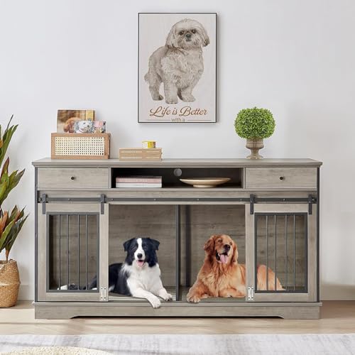 0810148361495 - ROVIBEK 66 DOUBLE DOG CRATE FURNITURE FOR 2 DOGS, DOUBLE DOG KENNEL FURNITURE, HEAVY DUTY DOG CRATE, FURNITURE STYLE DOG CRATE END TABLE, WOOD CRATES FOR DOGS KENNEL INDOOR