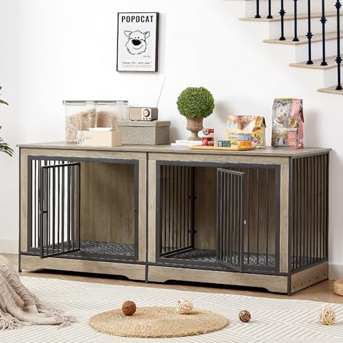 0810148361549 - ROVIBEK 75 DOUBLE DOG CRATE FURNITURE FOR 2 LARGE DOGS, HEAVY DUTY DOG CRATE, FURNITURE STYLE DOG CRATE END TABLE, WOOD CRATES FOR DOGS KENNEL INDOOR, DECORATIVE DOG CRATE WITH DOUBLE DOOR, GREY