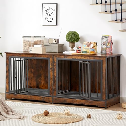 0810148361556 - ROVIBEK 75 DOUBLE DOG CRATE FURNITURE FOR 2 LARGE DOGS, HEAVY DUTY DOG CRATE, FURNITURE STYLE DOG CRATE END TABLE, WOOD CRATES FOR DOGS KENNEL INDOOR, DECORATIVE DOG CRATE WITH DOUBLE DOOR, BROWN