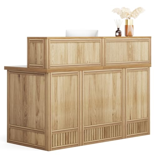 0810148854164 - LITTLE TREE 57-INCH RECEPTION DESK WITH COUNTER,BOHO FRONT DESK RECEPTIONIST DESK, MODERN WELCOME DESK CHECKOUT COUNTER FOR OFFICE, RETAIL, LOBBY,SALON,OAK