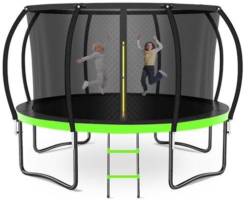 0810152790809 - ZEVEMOMO 12FT 14FT OUTDOOR TRAMPOLINE FOR KIDS AND ADULTS, RECREATIONAL TRAMPOLINE WITH SAFETY NET & CURVE POLES, HEAVY DUTY ROUND TRAMPOLINES, ASTM CERTIFIED, GREEN
