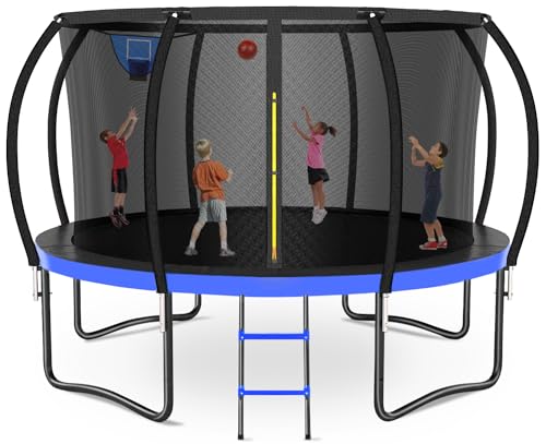 0810152792261 - ZEVEMOMO 12FT 14FT OUTDOOR TRAMPOLINE WITH BASKETBALL HOOP, LARGE RECREATIONAL TRAMPOLINE FOR KIDS AND ADULTS, TRAMPOLINE WITH SAFETY NET & CURVE POLES FOR BOYS AND GIRLS, HEAVY DUTY ASTM CERTIFIED
