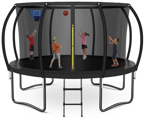0810152792605 - ZEVEMOMO 14 FT OUTDOOR TRAMPOLINE WITH BASKETBALL HOOP, LARGE HEAVY DUTY TRAMPOLINE FOR KIDS AND ADULTS, RECREATIONAL PUMPKIN TRAMPOLINE WITH CURVE POLES, SAFETY NET, LADDER, 450 LBS WEIGHT CAPACITY