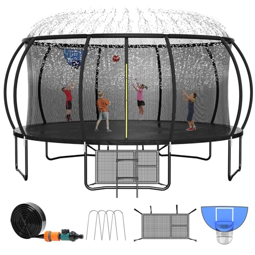 0810152792940 - ZEVEMOMO 16FT TRAMPOLINE FOR KIDS AND ADULTS, OUTDOOR TRAMPOLINE W/BASKETBALL HOOP, SPRINKLER, GROUND STAKES/ANCHORS, STORAGE BAG, 16 FT LARGE HEAVY DUTY TRAMPOLINE WITH NET & LADDER FOR BACKYARD