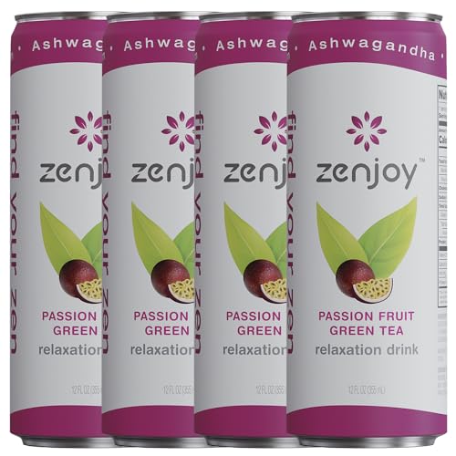0810158584761 - ZENJOY PASSION FRUIT GREEN TEA RELAXATION DRINK 4 PACK - CALMING DRINK WITH ASHWAGANDHA & LEMON BALM - NON-ALCOHOLIC BEVERAGE INFUSED WITH L-THEANINE FOR ENHANCED FOCUS - 12OZ CANS