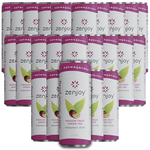 0810158584808 - ZENJOY PASSION FRUIT GREEN TEA RELAXATION DRINK 24 PACK - CALMING DRINK WITH ASHWAGANDHA & LEMON BALM - NON-ALCOHOLIC BEVERAGE INFUSED WITH L-THEANINE FOR ANXIETY RELIEF AND ENHANCED FOCUS - 12OZ CANS