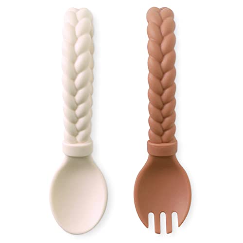 0810434036748 - ITZY RITZY SILICONE SPOON & FORK SET; BABY UTENSIL SET FEATURES A FORK AND SPOON WITH LOOPED, BRAIDED HANDLES; MADE OF 100% FOOD GRADE SILICONE & BPA-FREE; AGES 6 MONTHS AND UP, BUTTERCREAM AND TOFFEE