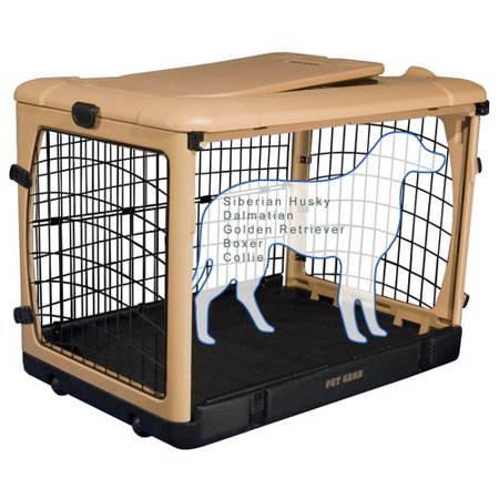 0810684004818 - DELUXE STEEL DOG CRATE IN TAN SIZE LARGE 28 H X 28 W X 42 L