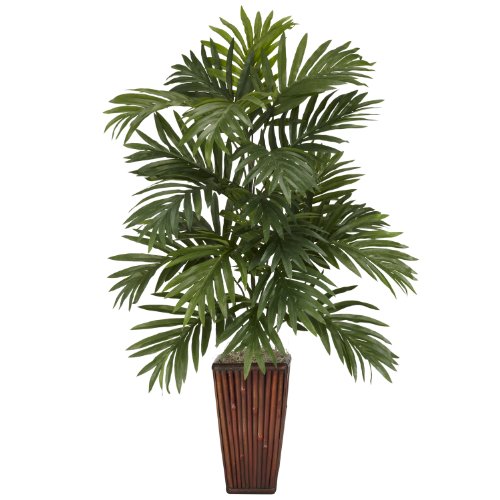 0810709014303 - NEARLY NATURAL 6675 ARECA PALM WITH BAMBOO VASE DECORATIVE SILK PLANT, GREEN